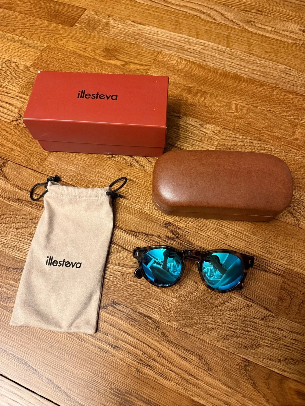 Illesteva Tortoiseshell Frame Sunglasses with Blue Mirrored Lenses